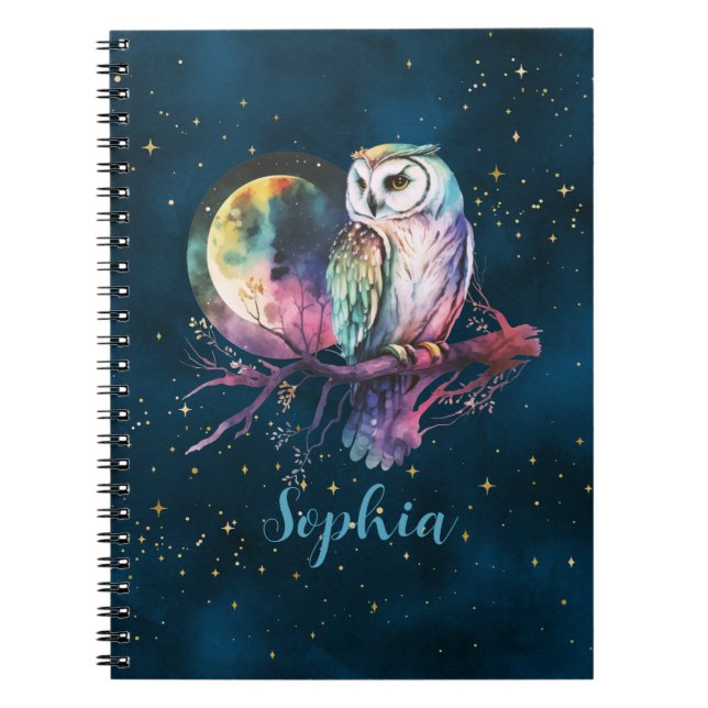 Cuaderno Búho Arcoíris Místico y Velita Celestial de Luna L (Frente)