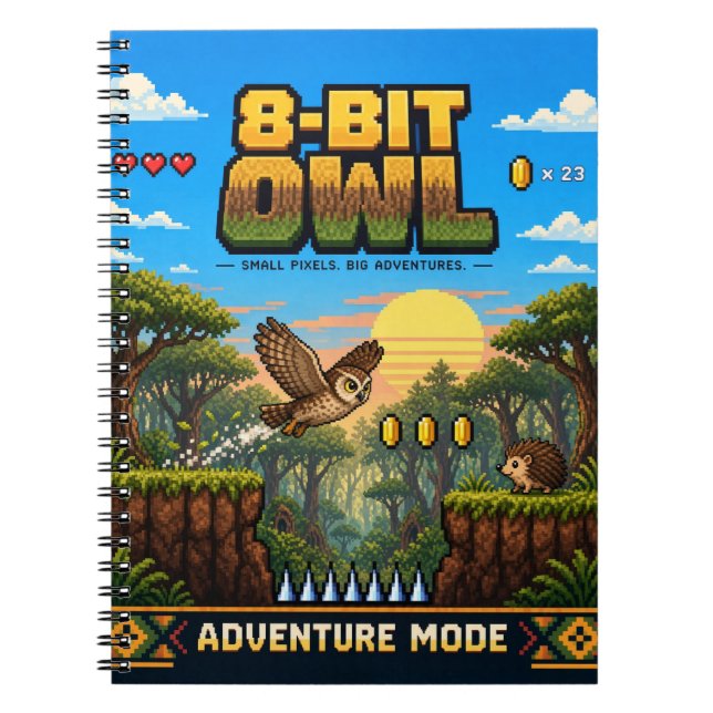 Cuaderno Búho, arte de píxeles retro de 8 bits (Frente)