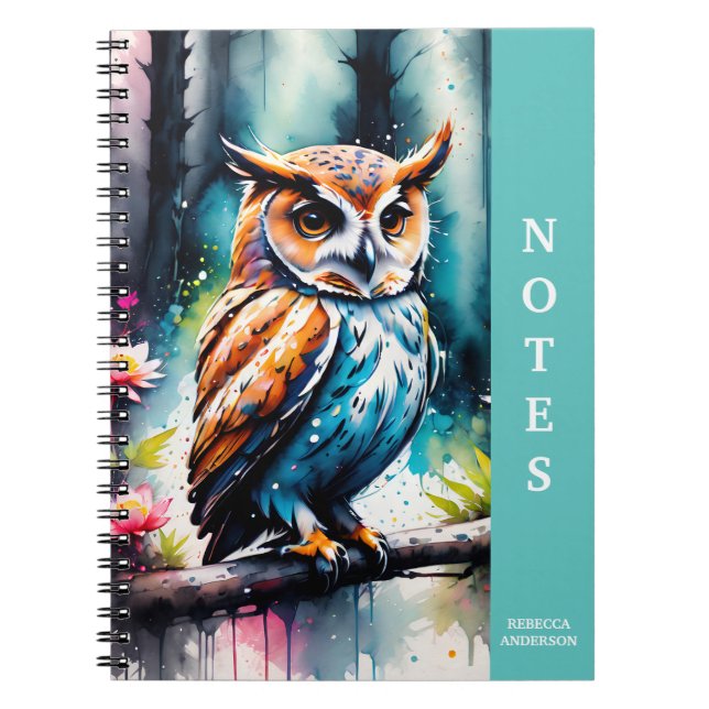 Cuaderno Búho de estilo de salpicadura de acuarela hermosa (Frente)