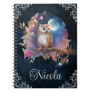 Cuaderno Búho de fantasía celestial en acuarela vintage
