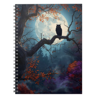 Cuaderno Búho de Luna Llena en Noche de Árbol de Otoño