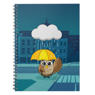 Cuaderno Búho lindo con paraguas en día lluvioso