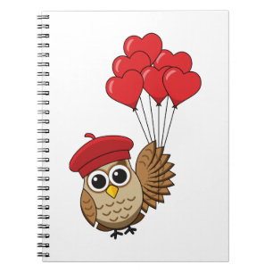 Cuaderno Búho lindo volando con globos cardíacos
