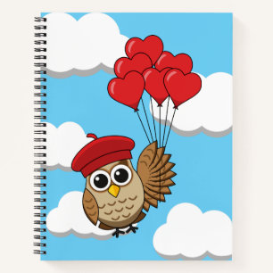 Cuaderno Búho lindo volando con globos cardíacos