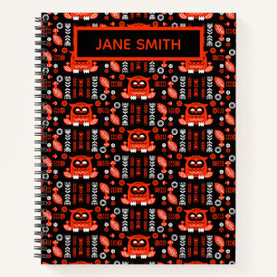 Cuaderno Búho nórdico de arte popular naranja y negro