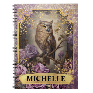 Cuaderno Búho púrpura romántico y rosas fantasía