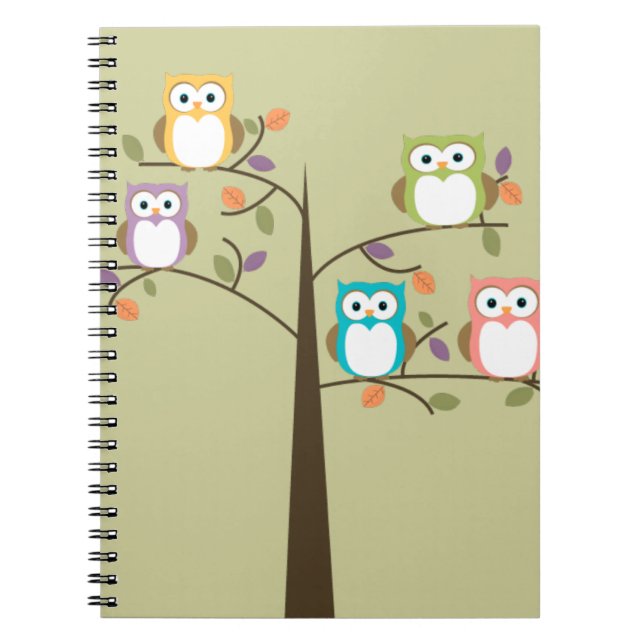 Cuaderno Búhos coloridos en árbol bonito (Frente)