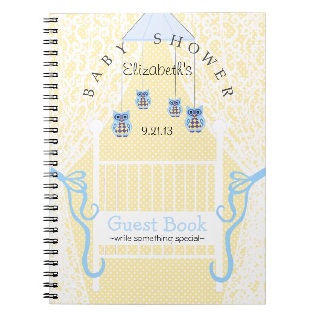 Cuaderno Búhos y libro de huésped amarillo de Baby Shower (Frente)