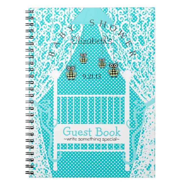 Cuaderno Búhos y libro de huésped azules de Baby Shower del (Frente)