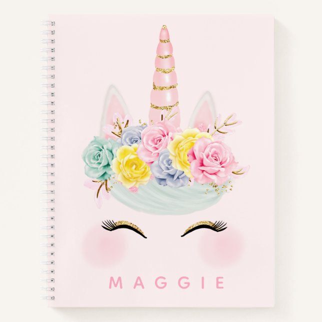 Cuaderno Bujo personalizado de oro rosa de unicornio floral (Anverso)