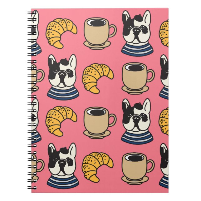 Cuaderno Bulldog francés, café y croissant. (Frente)