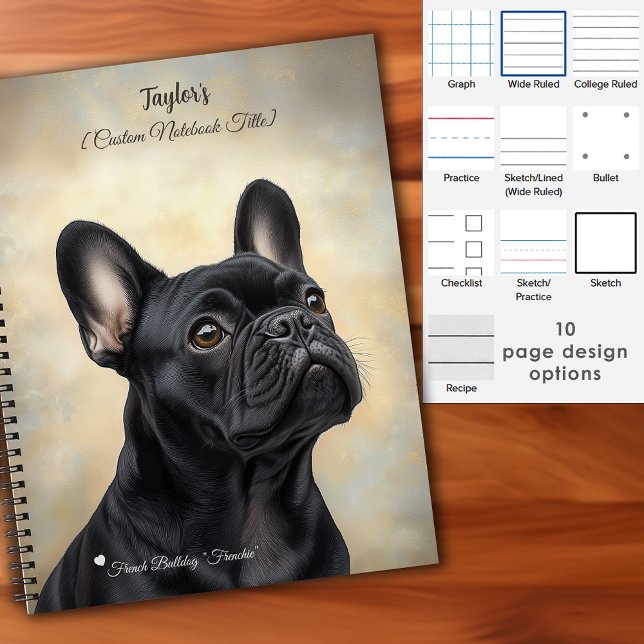 Cuaderno Bulldog francés francés negro francés personalizad (Frenchie Black French Bulldog Personalized Notebook with custom page options.)