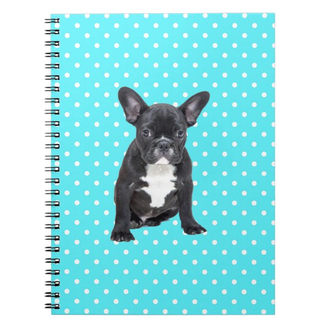 Cuaderno Bulldog francés lindo con puntos de polka azul (Frente)