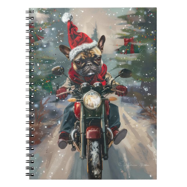 Cuaderno Bulldog Francés Montando Motocicleta Navidad (Frente)