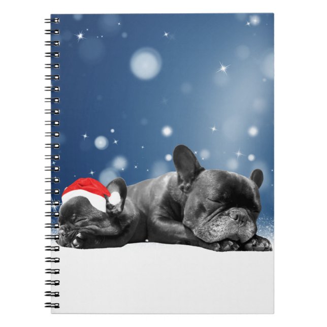 Cuaderno Bulldog francés navidades Cachorros nieve sombrero (Frente)