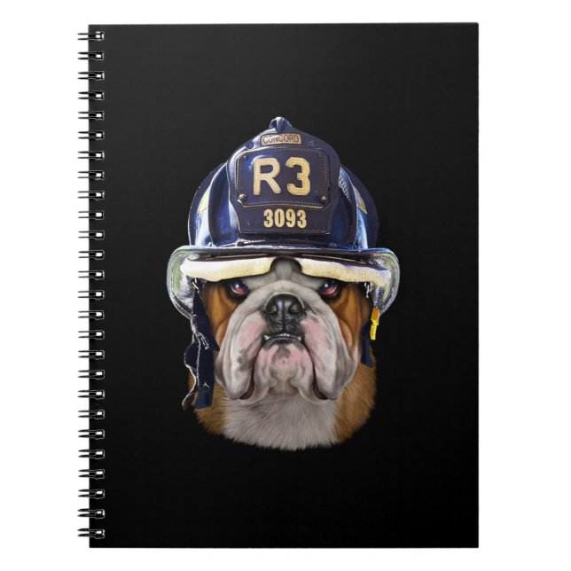 Cuaderno Bulldog inglés gruñón con casco para bomberos (Frente)