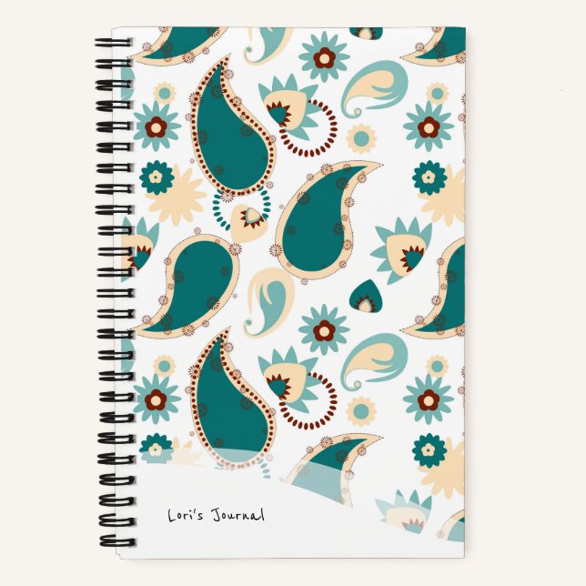 Cuaderno Bullet Journal Verde azulado Boho Paisley (Anverso)
