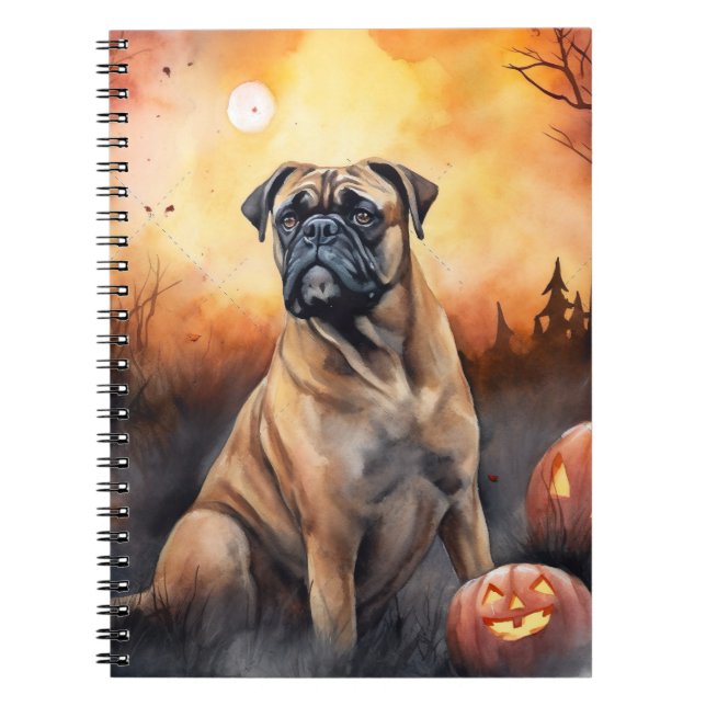 Cuaderno Bullmastiff de Halloween con calabazas aterradoras (Frente)