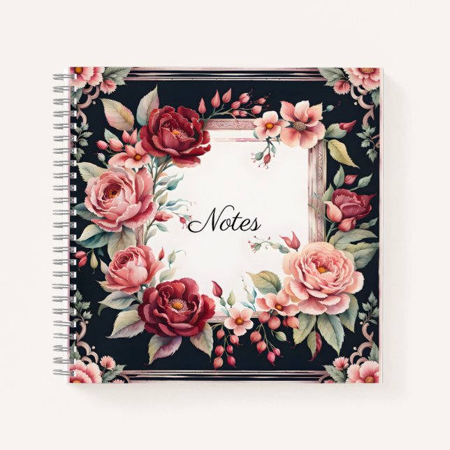 Cuaderno Burgundy and Pink Flowers on Black (Anverso)