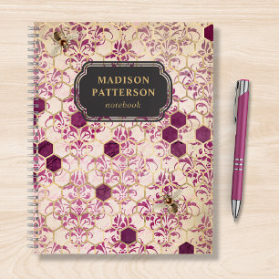 Cuaderno Burgundy Bee Damask Girly Moda nombre moderno
