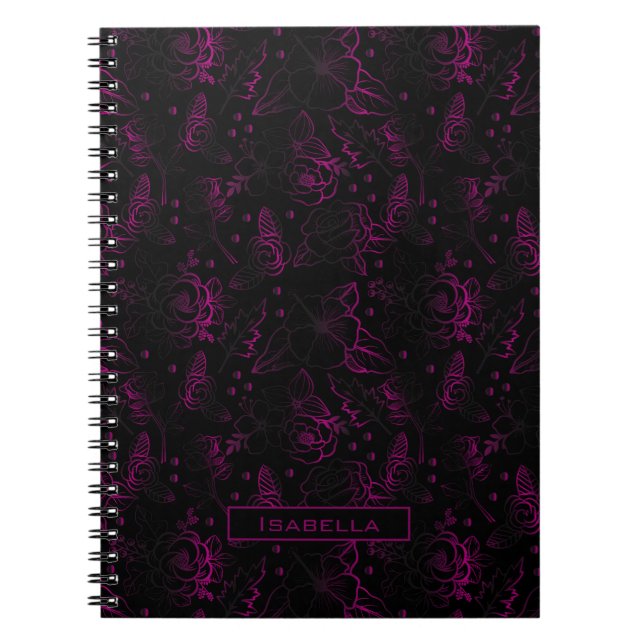Cuaderno Burgundy floral patrón floral nombre personalizado (Frente)