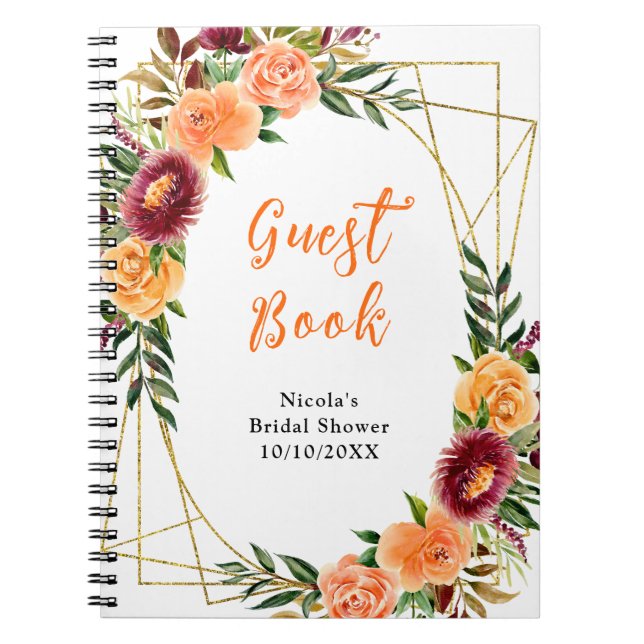 Cuaderno Burgundy Orange Flowers Bridal Shower Guest Book (Frente)