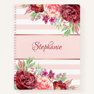 Cuaderno Burgundy Rubor Floral Rosa Stripes Personalizado