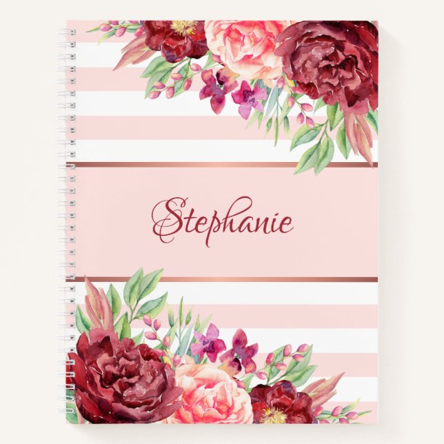 Cuaderno Burgundy Rubor Floral Rosa Stripes Personalizado (Anverso)