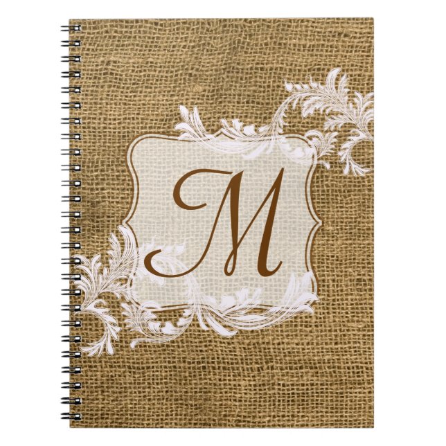 Cuaderno Burlap Country Lace Monograma Nota Inicial (Frente)