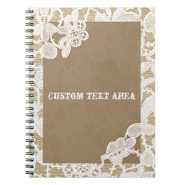 Cuaderno Burlap & White Floral Lace Elegante Diario Rústico (Frente)