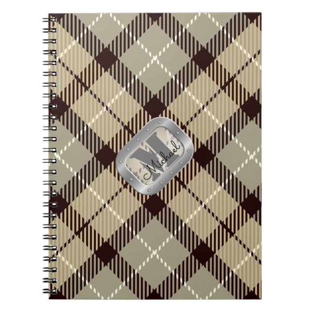 Cuaderno Burlywood Gris Tartán Metálico Monograma Script (Frente)