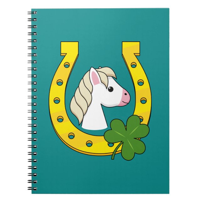 Cuaderno Caballo blanco lindo con zapato de caballo dorado, (Frente)