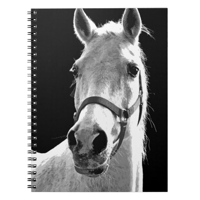 Cuaderno Caballo blanco negro primer plano en la noche (Frente)