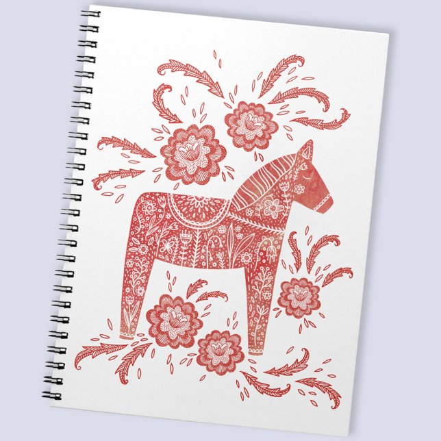 Cuaderno Caballo de dala sueco rojo y blanco (Swedish Dala Horse red and white folk art notebook)
