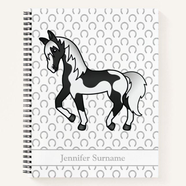 Cuaderno Caballo de dibujos animados trotando Pinto negro y (Anverso)
