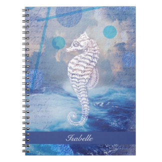Cuaderno Caballo de Mar Vintage Elegante Ola Azul Nombre de
