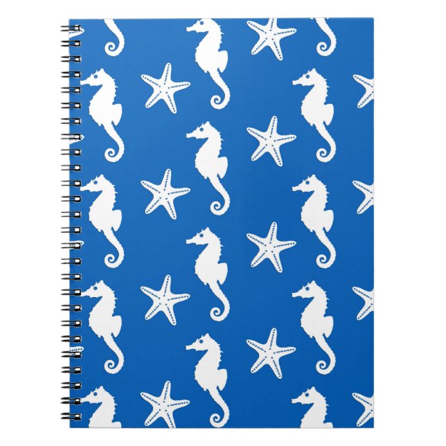 Cuaderno Caballo de mar y pez estrella - blanco sobre azul  (Frente)