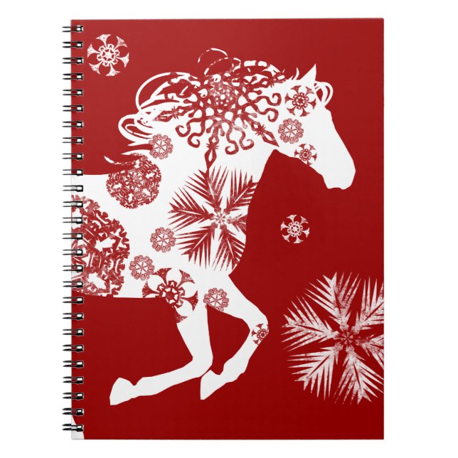 Cuaderno Caballo de Navidades de copos de nieve rojos y bla (Frente)