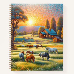 Cuaderno Caballo en pradera de flores silvestres de granja