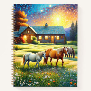 Cuaderno Caballo en pradera de flores silvestres de granja