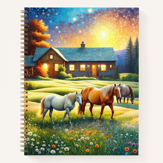 Cuaderno Caballo en pradera de flores silvestres de granja (Anverso)