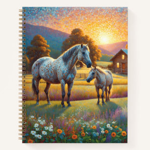Cuaderno Caballo en pradera de flores silvestres de granja