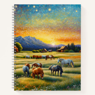 Cuaderno Caballo en pradera de flores silvestres de granja