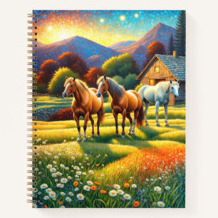 Cuaderno Caballo en pradera de flores silvestres de granja