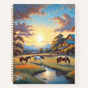 Cuaderno Caballo en pradera de flores silvestres de granja