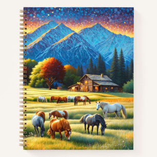 Cuaderno Caballo en pradera de flores silvestres de granja