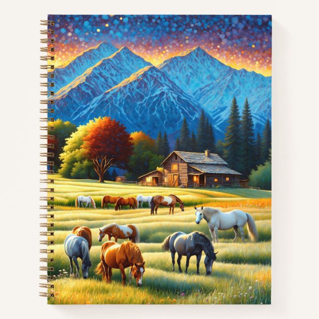Cuaderno Caballo en pradera de flores silvestres de granja (Anverso)