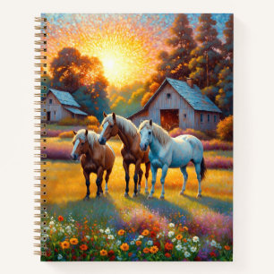 Cuaderno Caballo en pradera de flores silvestres de granja