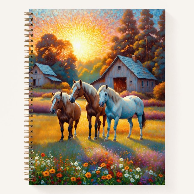 Cuaderno Caballo en pradera de flores silvestres de granja (Anverso)