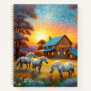 Cuaderno Caballo en pradera de flores silvestres de granja